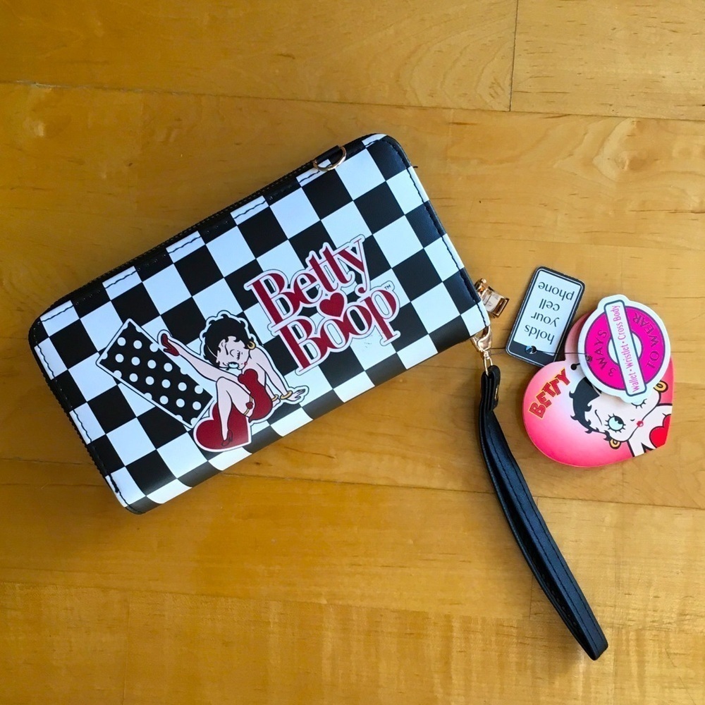 Betty Boop 3-Way Double Zip Around Wallet, Wristlet, Crossbody, Black, White